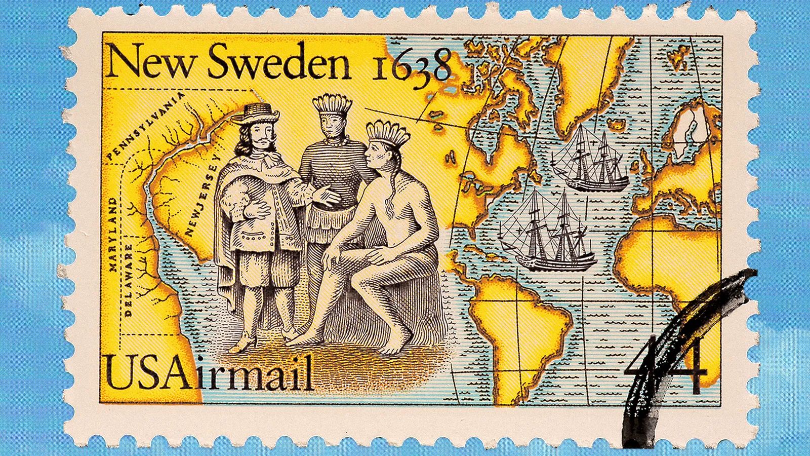 A commemorative New Sweden Joint Issue stamp depicting a map of the area and a colonial man meeting with Native Americans